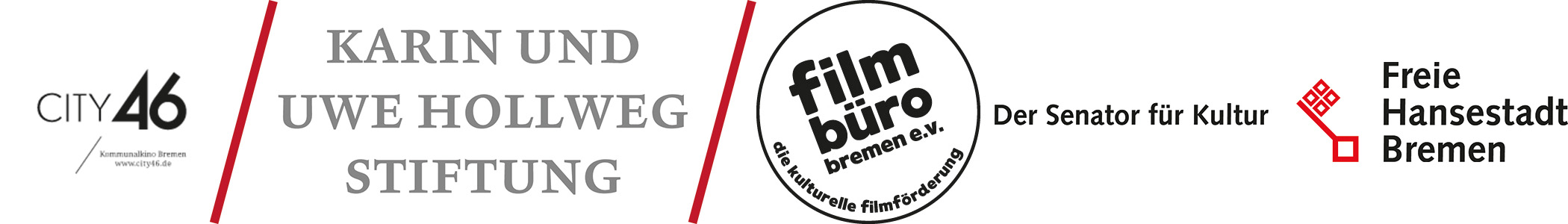 Logos vom City46, der Karin und Uwe Hollweg Stiftung, des Filmbüros und dem Senator für Kultur Bremen